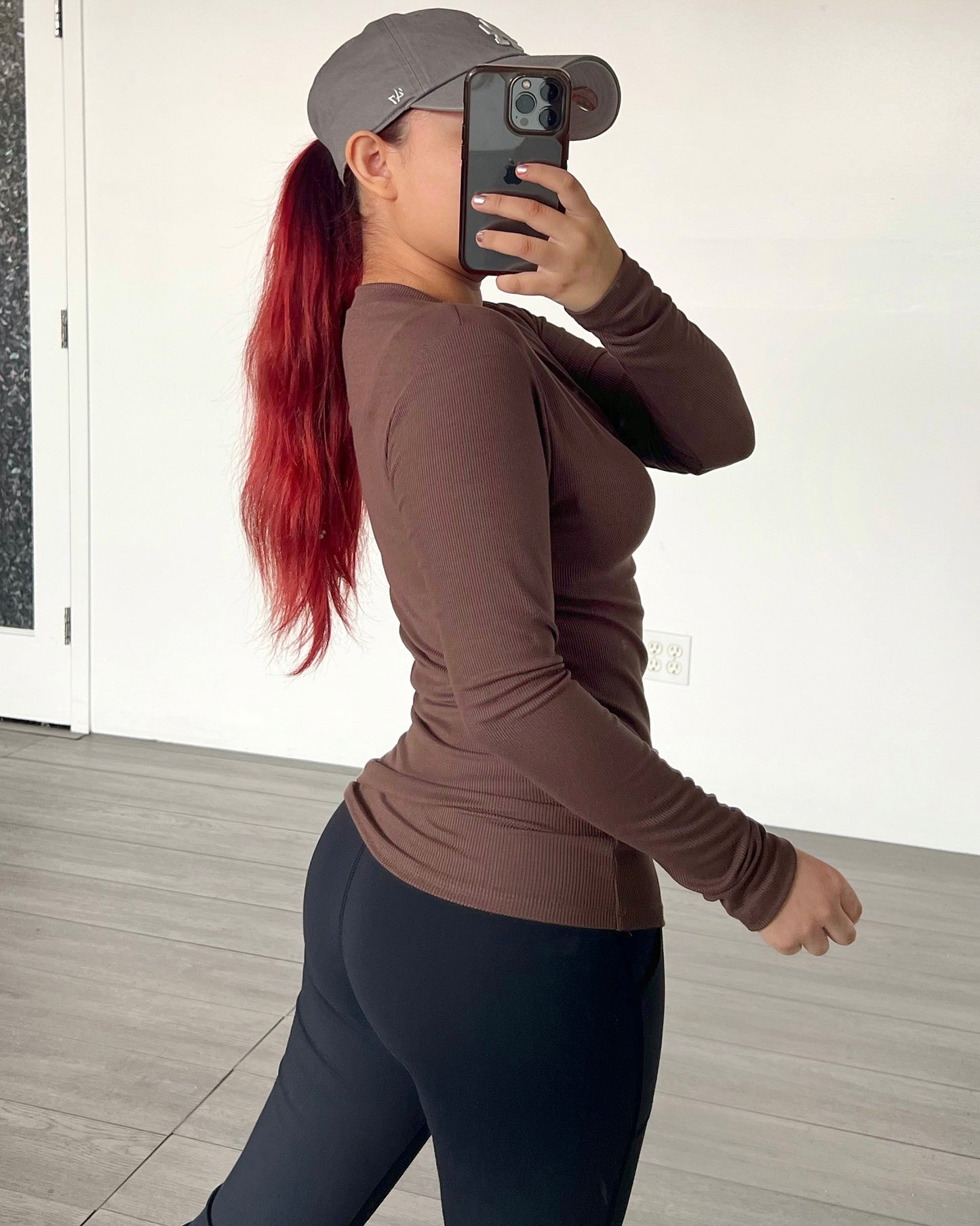 Brown Ribbed Long Sleeve Top