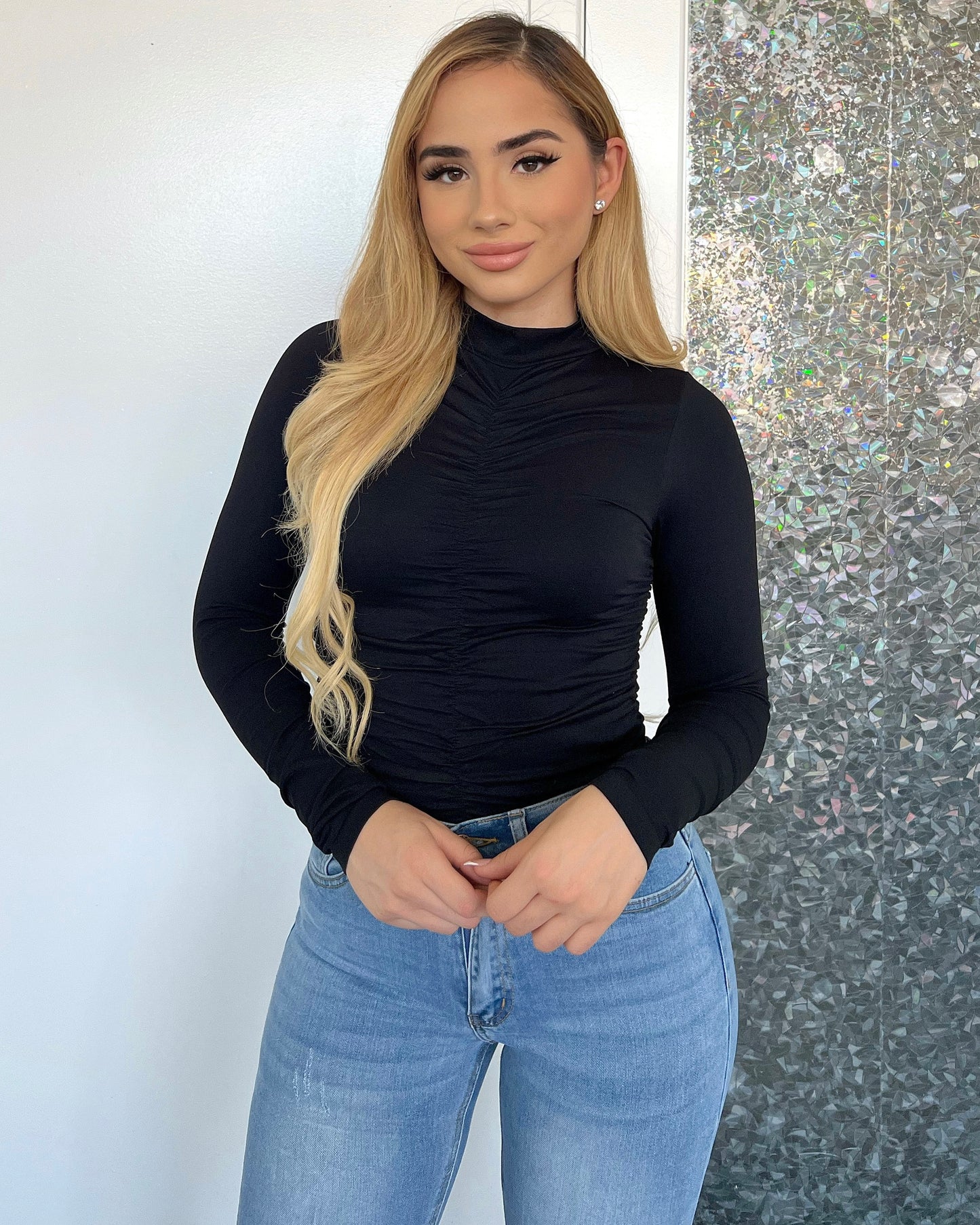 Black Mock Ruched Bodysuit