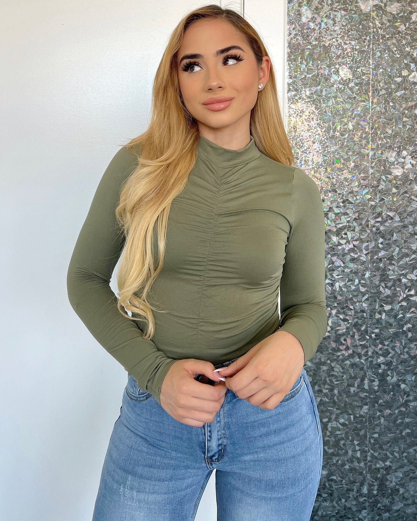 Olive Mock Ruched Bodysuit