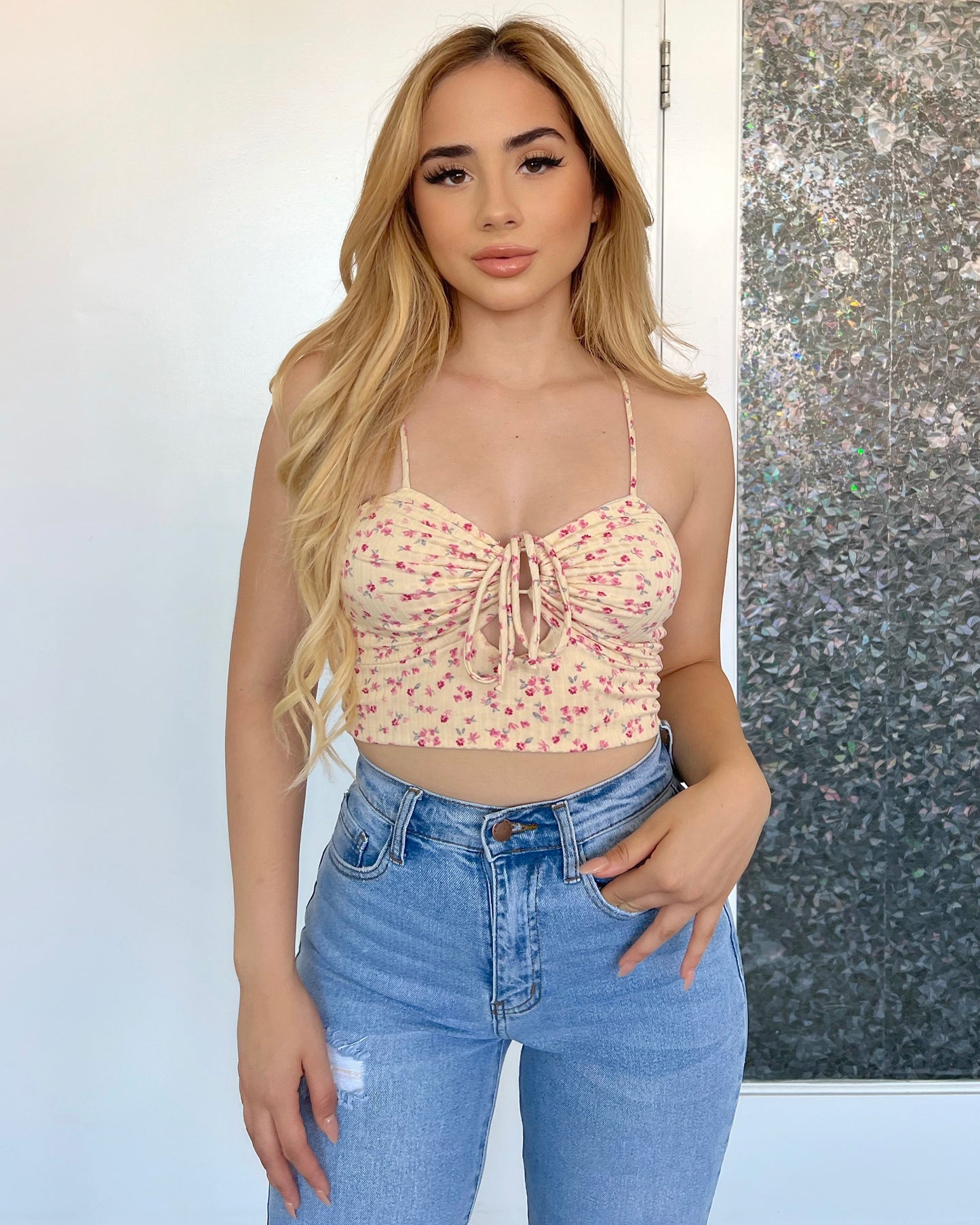 Cream Flowered Scrunch Top