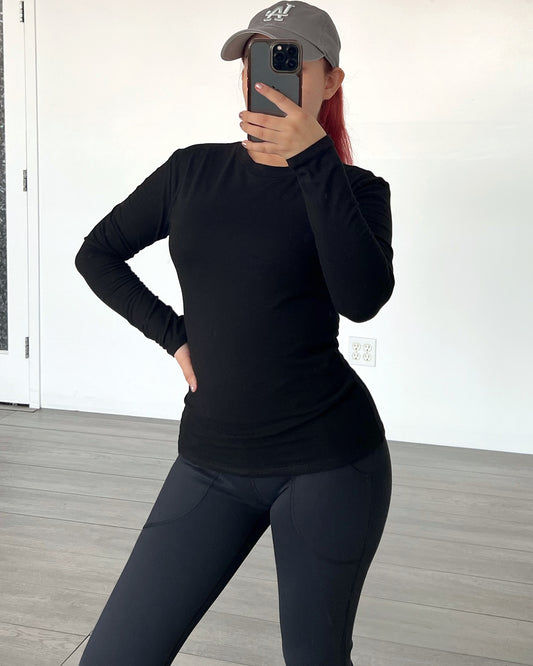 Black Cotton Long Sleeve Top