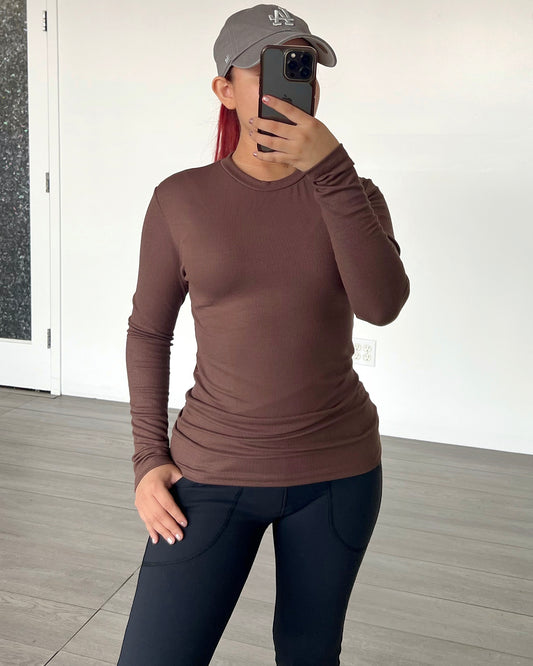 Brown Ribbed Long Sleeve Top