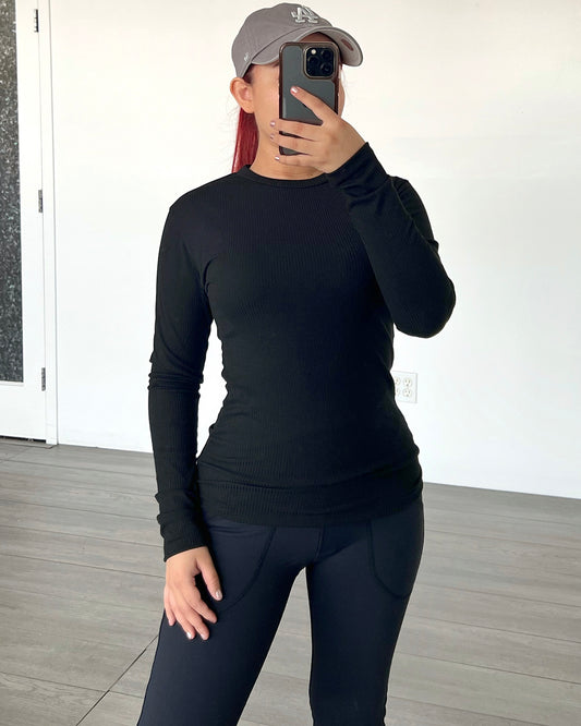 Black Ribbed Long Sleeve Top