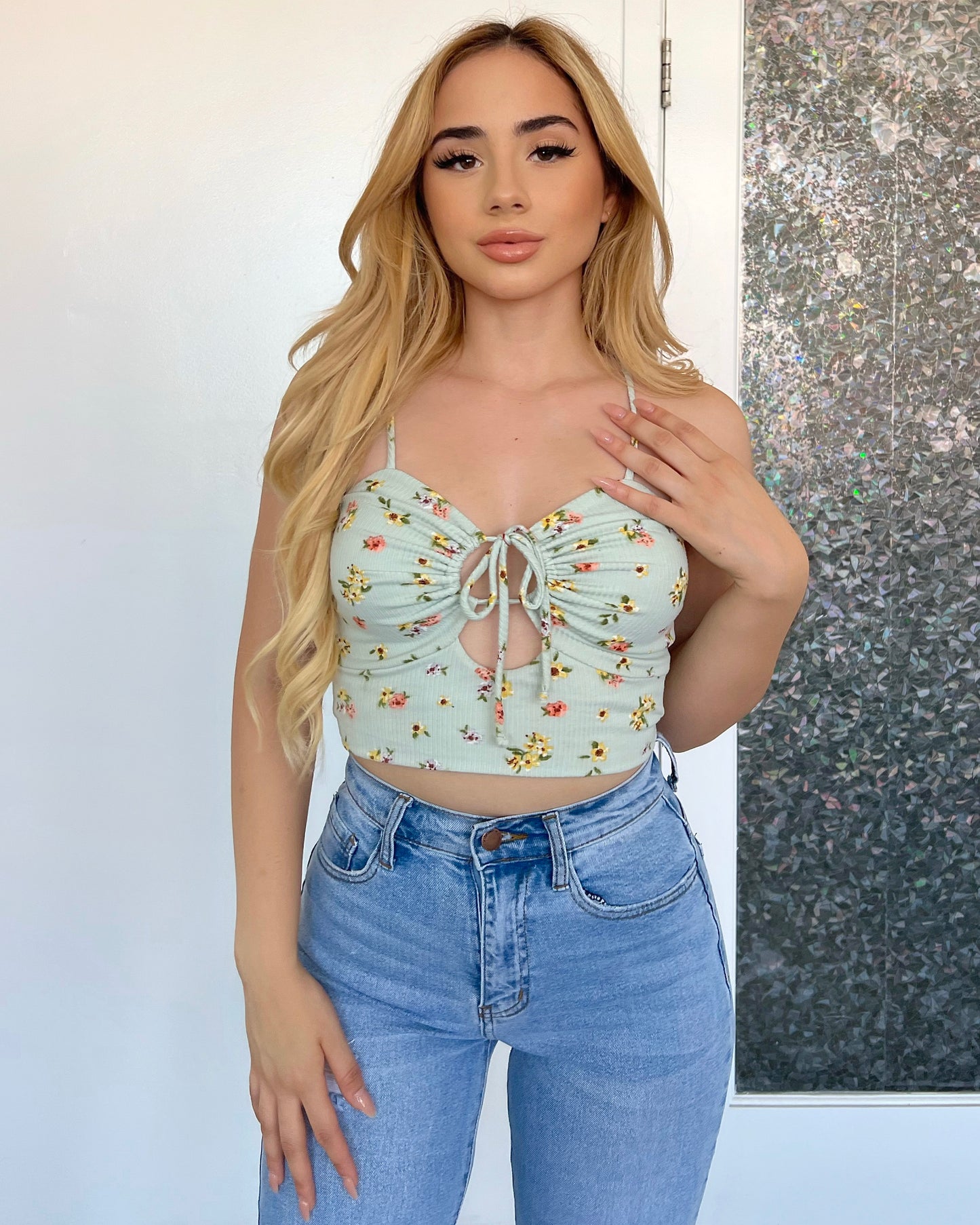Sage Flowered Scrunch Top