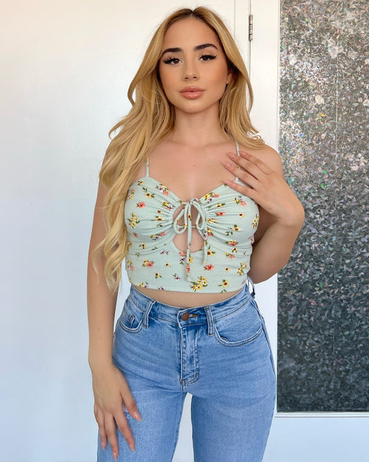 Sage Flowered Scrunch Top